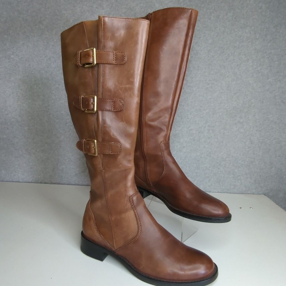 ECCO Women's 7 Brown Leather Knee High Riding Boots‎ Buckles Accent low heeled